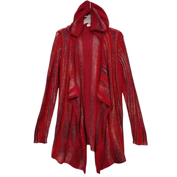 Westport Knit Open Cardigan Size Large Burgundy Striped Hooded Long Sleeve - Picture 2 of 9